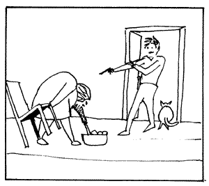 sketch of woman jumping out of chair and cat running past man with gun out of the room 