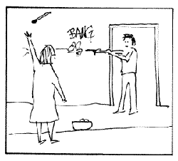 sketch of woman dropping knife as man fires a gun