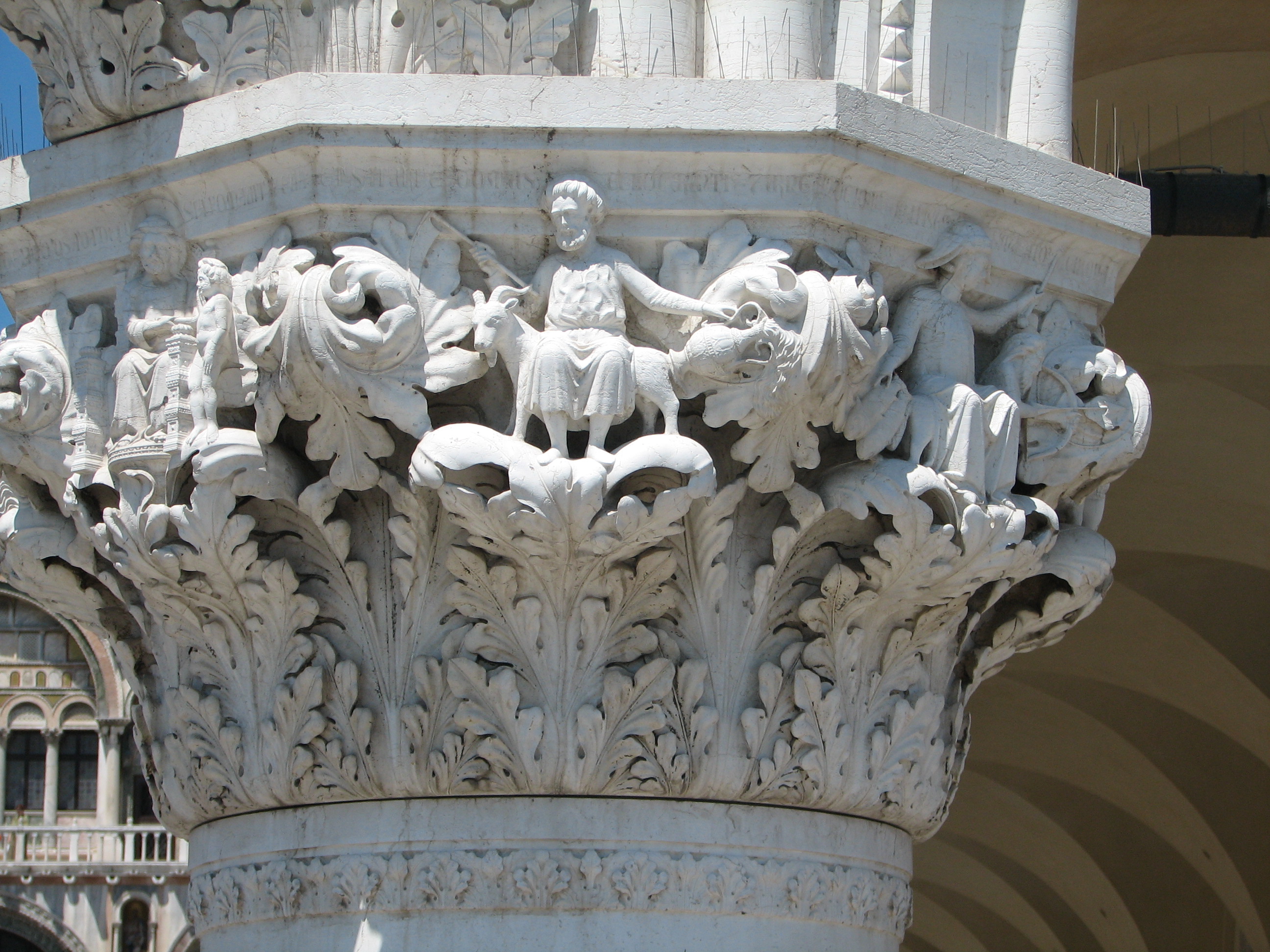 Detail of 1870s/1880s copy of the 18th capital in its current state Creation of Adam, left, side 8;  Aquarius / Capricorn, side 1, centre;  Jupiter, side 2, right