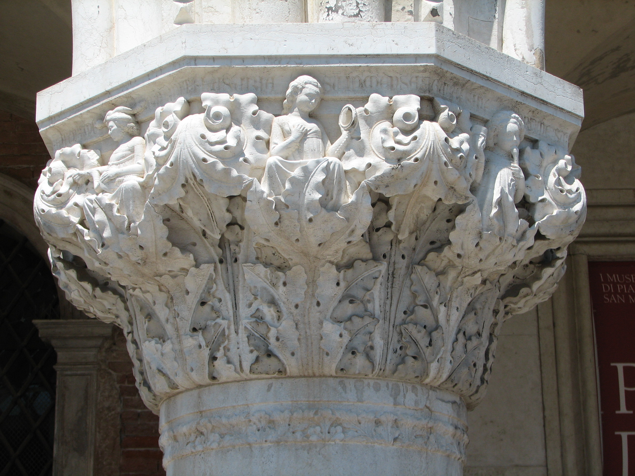 Detail of 1880s copy of 10th capital in its current state Envy, side 8 to left; Luxury, side 1, centre; Gluttony, side 2, right.