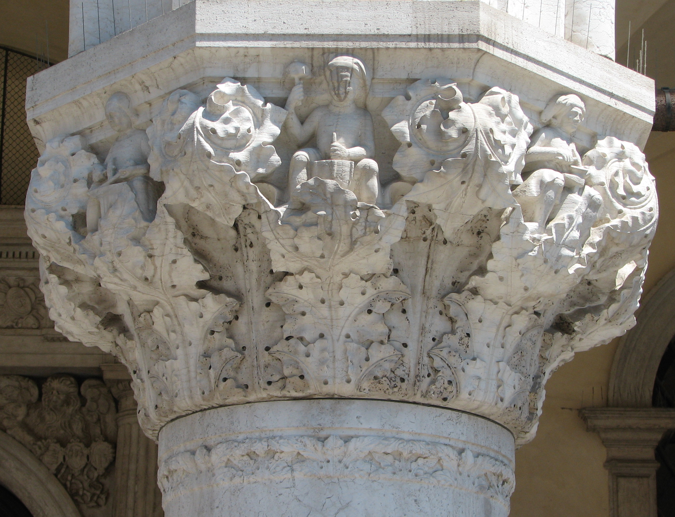 Detail of 1870s copy of 21st capital in its current state Smith, side 8, left; Mason, side 1,centre; Goldsmith, side 2, right
