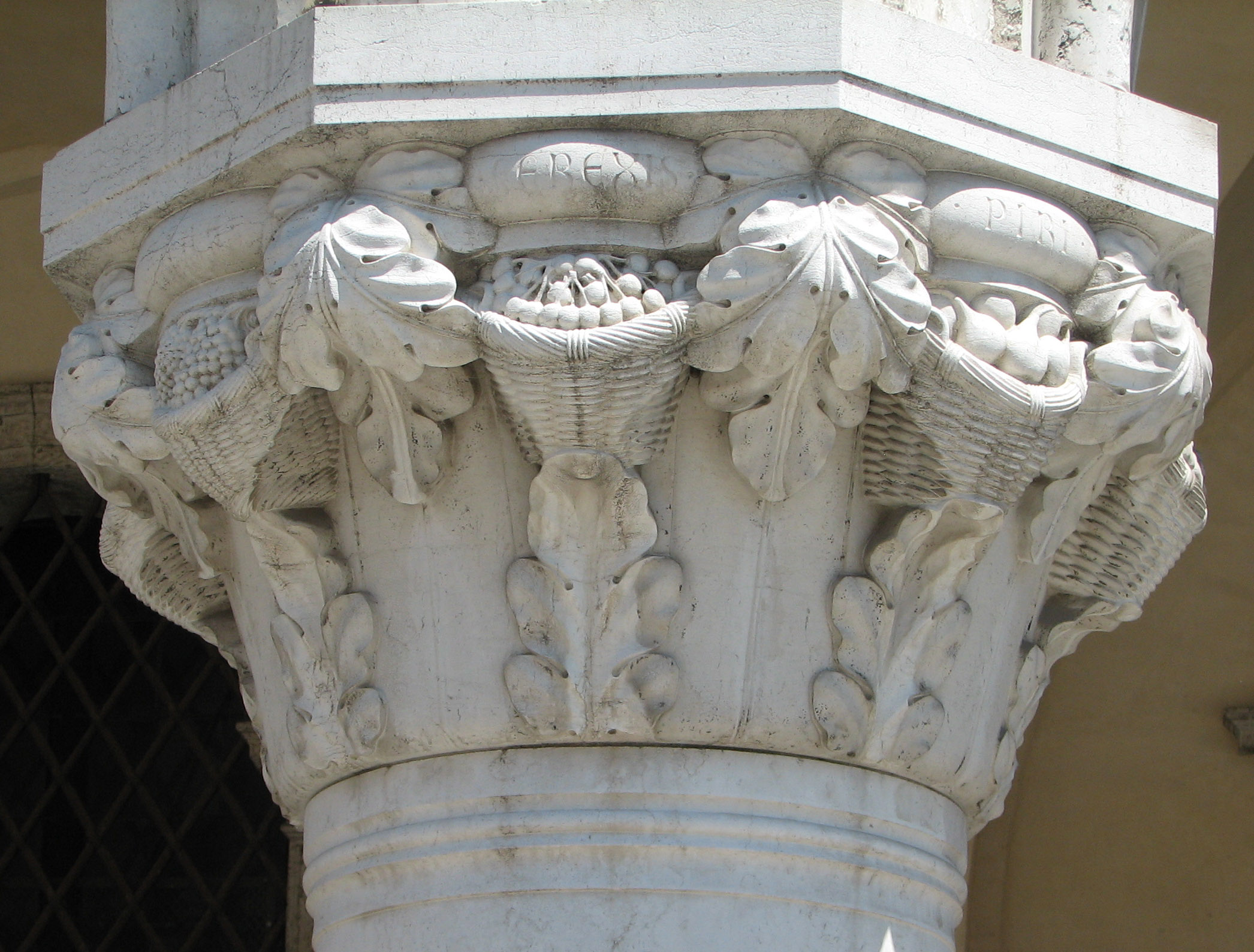 Detail of 1880s copy of 27th capital in its current state Grapes, side 8, left; Cherries, side 1, centre; Pears, side 2, right