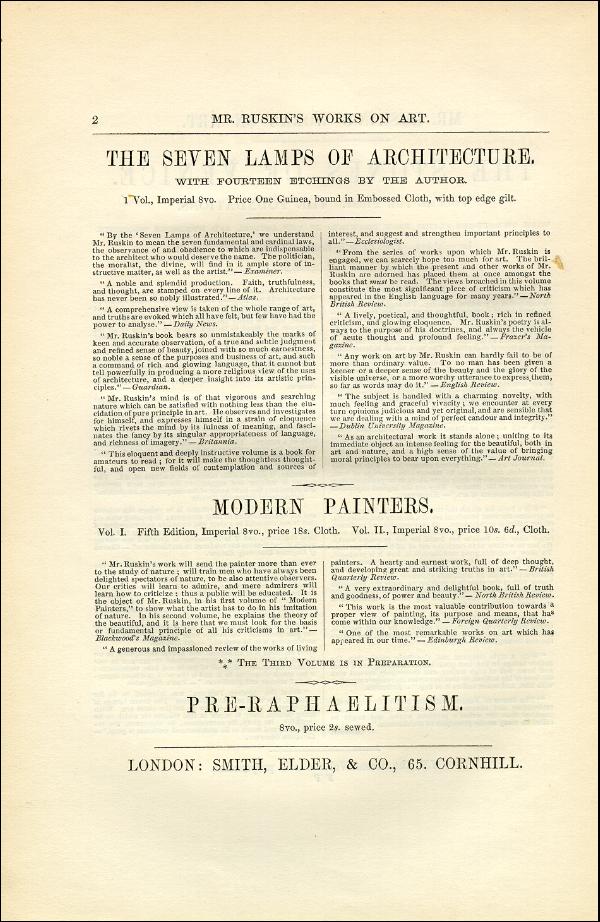 'Modern Painters' Volume I (1851 edition): Back Matter: Page 2