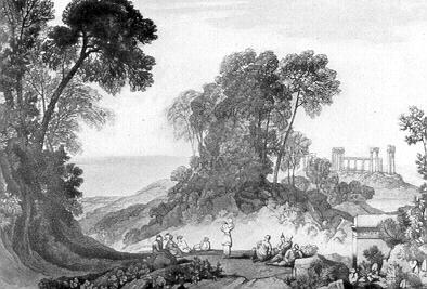 View of the Temple of Jupiter Panellenius, in the island of �gina, with the Greek national dance of the Romaika