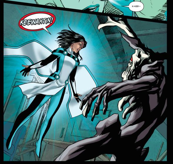 Fig 1: The first transformation of Miiyahbin into Equinox (Justice League United #0 14/3)
