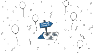 Balloons across our Mapping Doctors logo as we celebrate a milestone