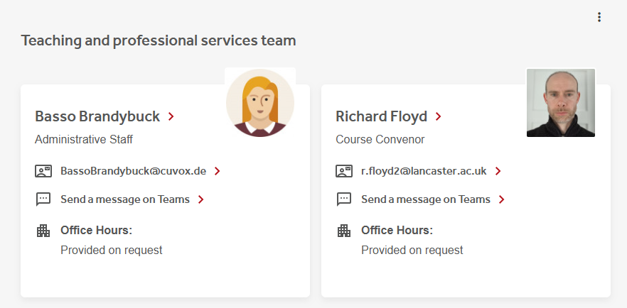screenshot of teaching and professional services team content showing photos and details of staff