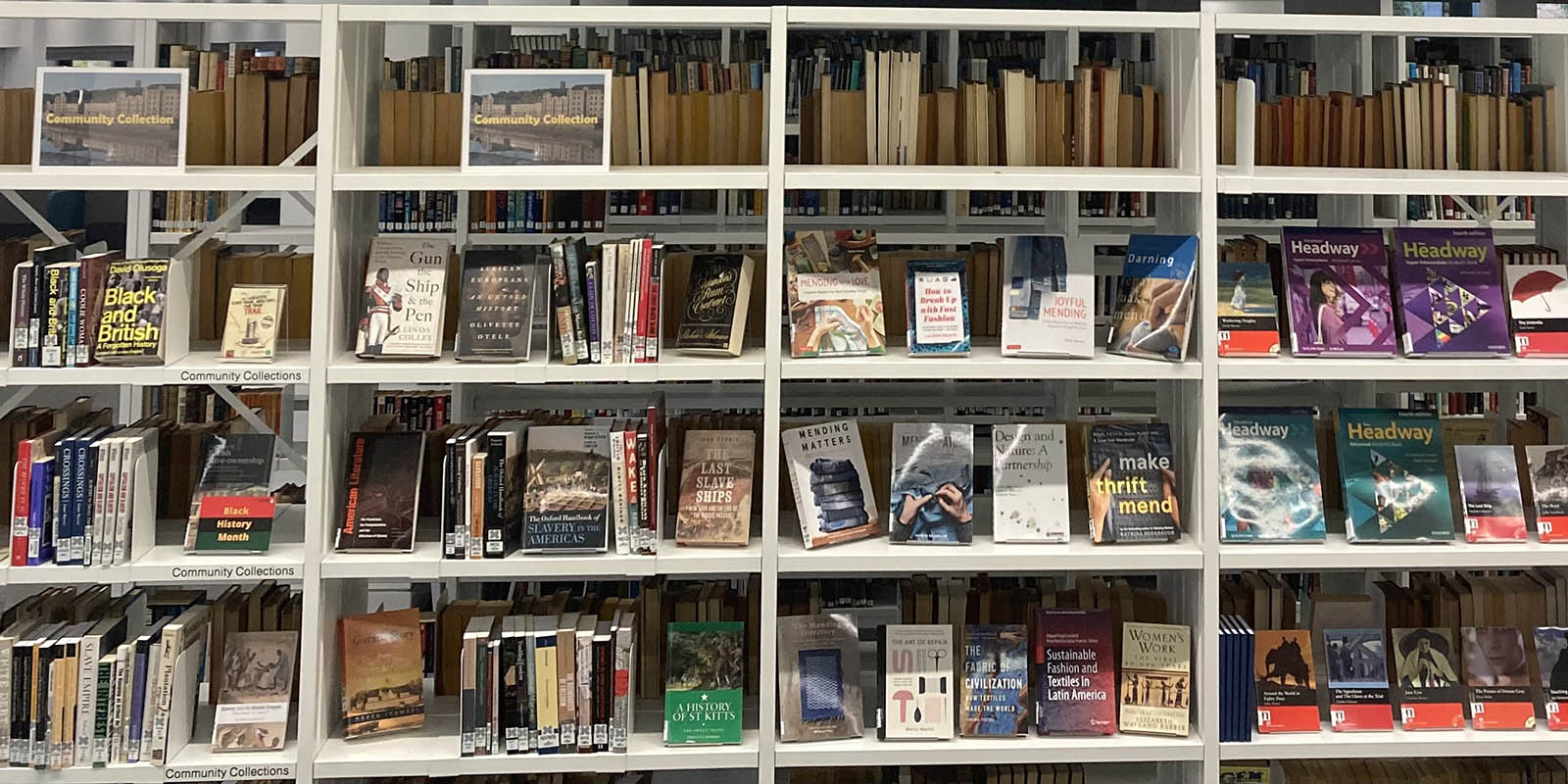 Poster about slavery and Community Collection book shelves in the Library