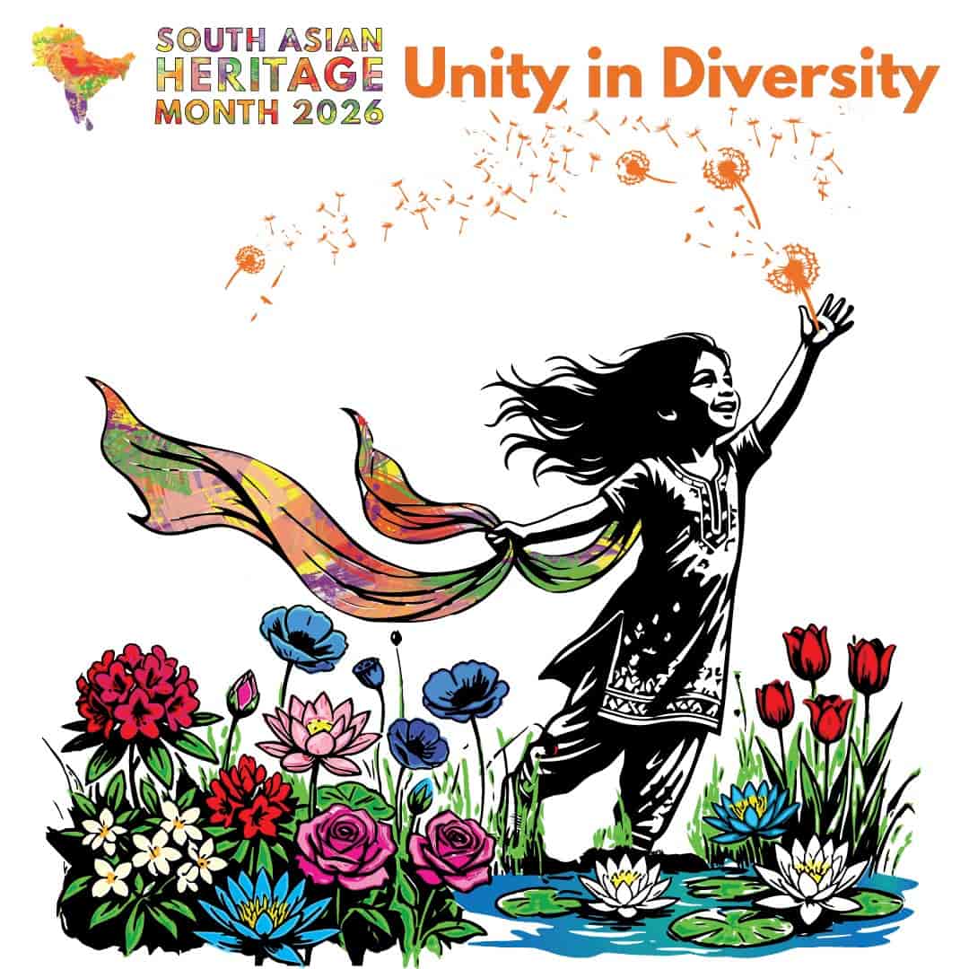 A little girl surrounded by flowers and the words 'unity in diversity'