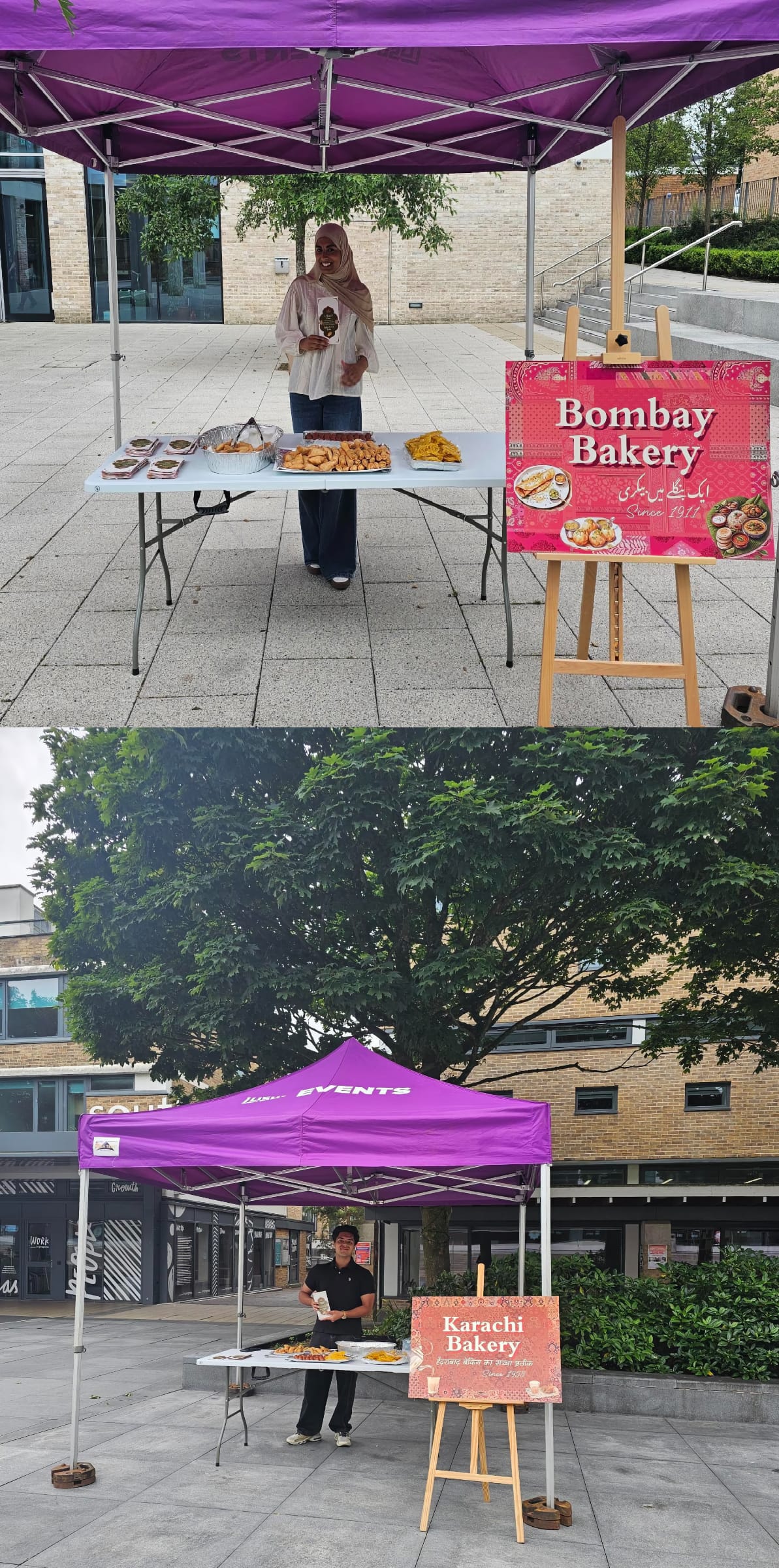 Two photos of a student standing at the bakery stalls under purple gazebos. The top photo is a female student (Ruqayyah) standing behind a table with Indian and Pakistani food and a pink sign that reads Bombay Bakery. The lower photo shows a male student (Kazi) standing behind a similar table and a burgundy sign reading Karachi Bakery.