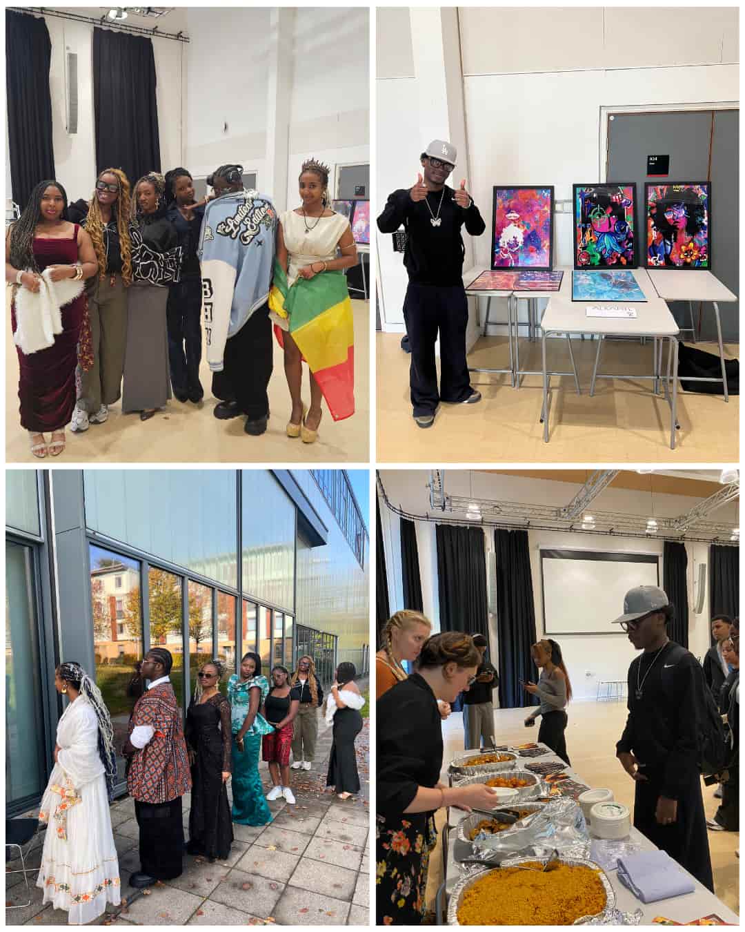 Collage of photos showing students getting food, taking part in fashion show, and showcasing art