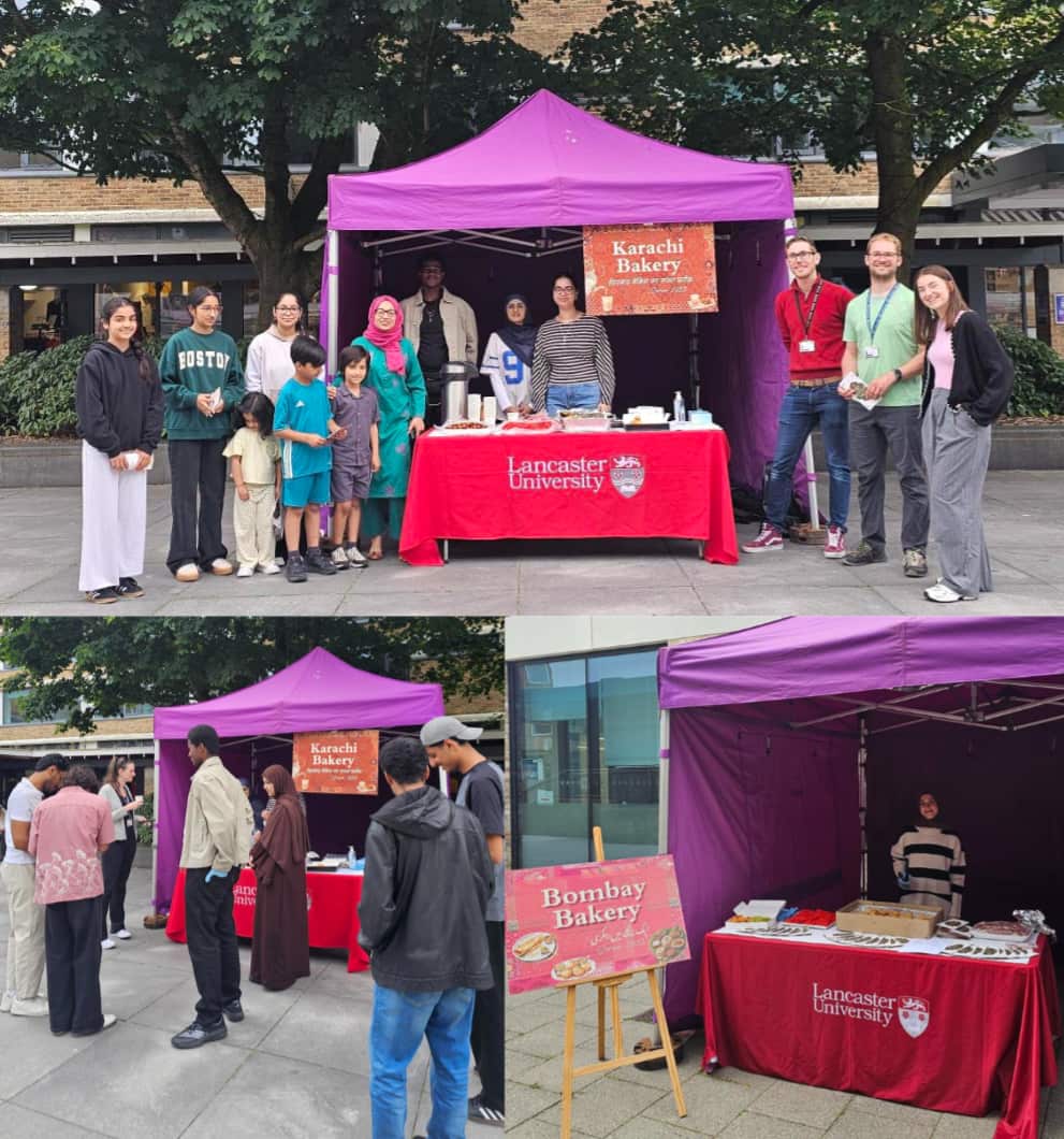 Three images showing the two bakeries, one with the Bombay sign and one with the Karachi sign. Students, staff, and families are standing around the stalls enjoying the food. 