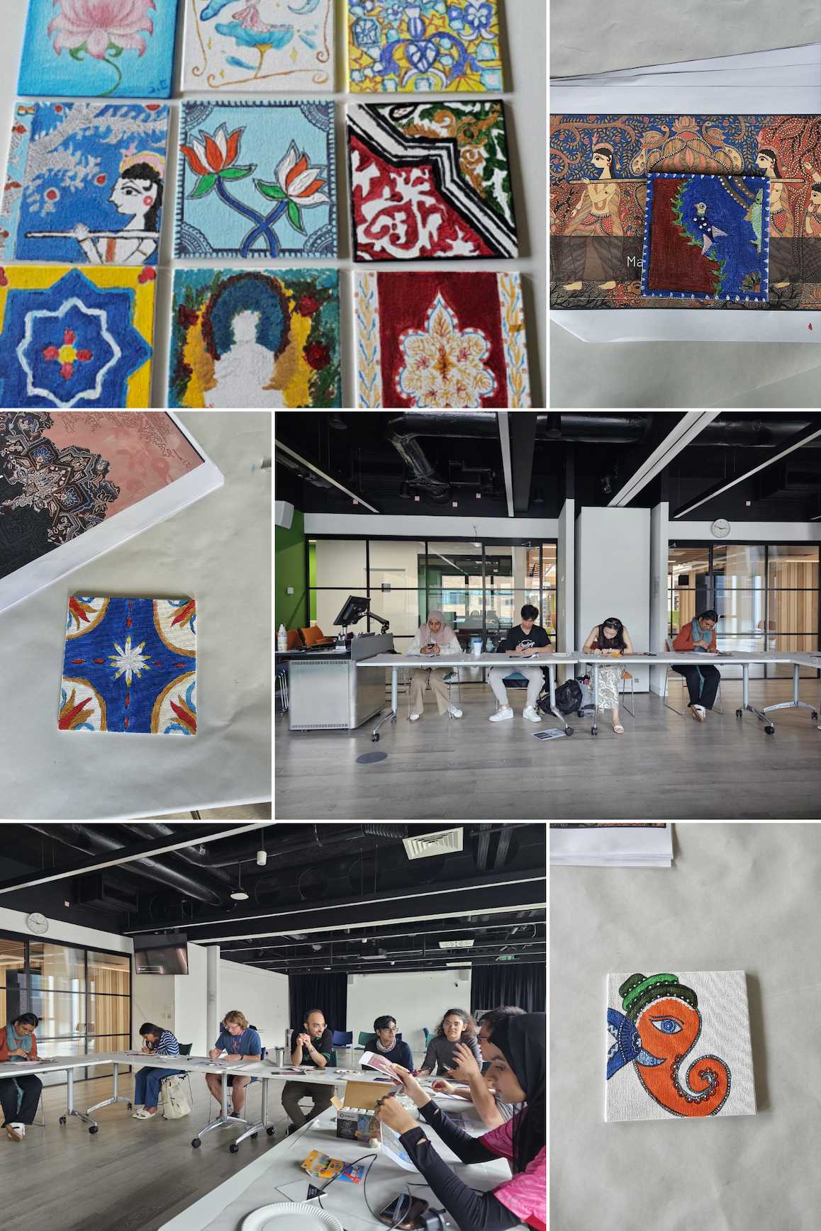 A collage of images from the art session - South Asian inspired tiles and the participants painting
