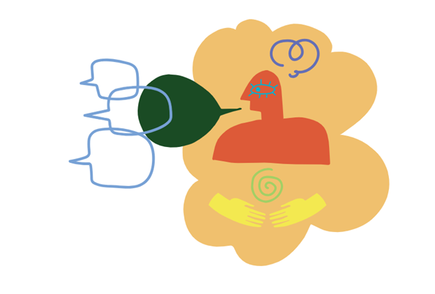 Colourful abstract drawing of a person with speech bubbles.