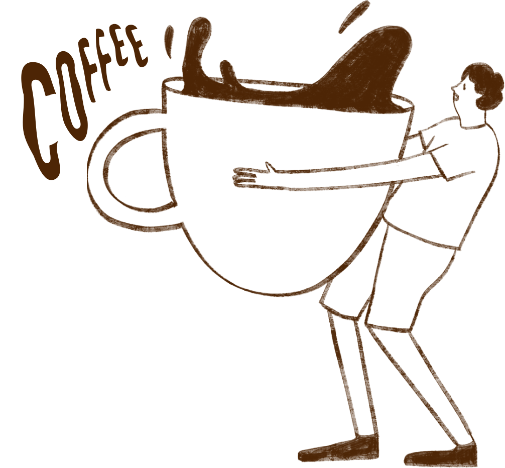 Brown and White Illustrated Poster of man and coffee