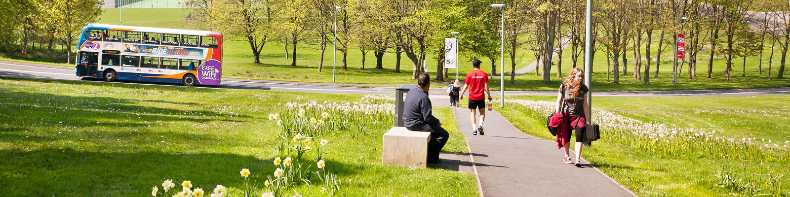 Students walking within the grounds of Lancaster university campus