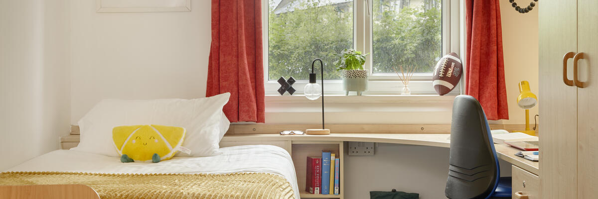 An empty student bedroom has a bed on the left-hand side, a desk and bookshelves on the right.
