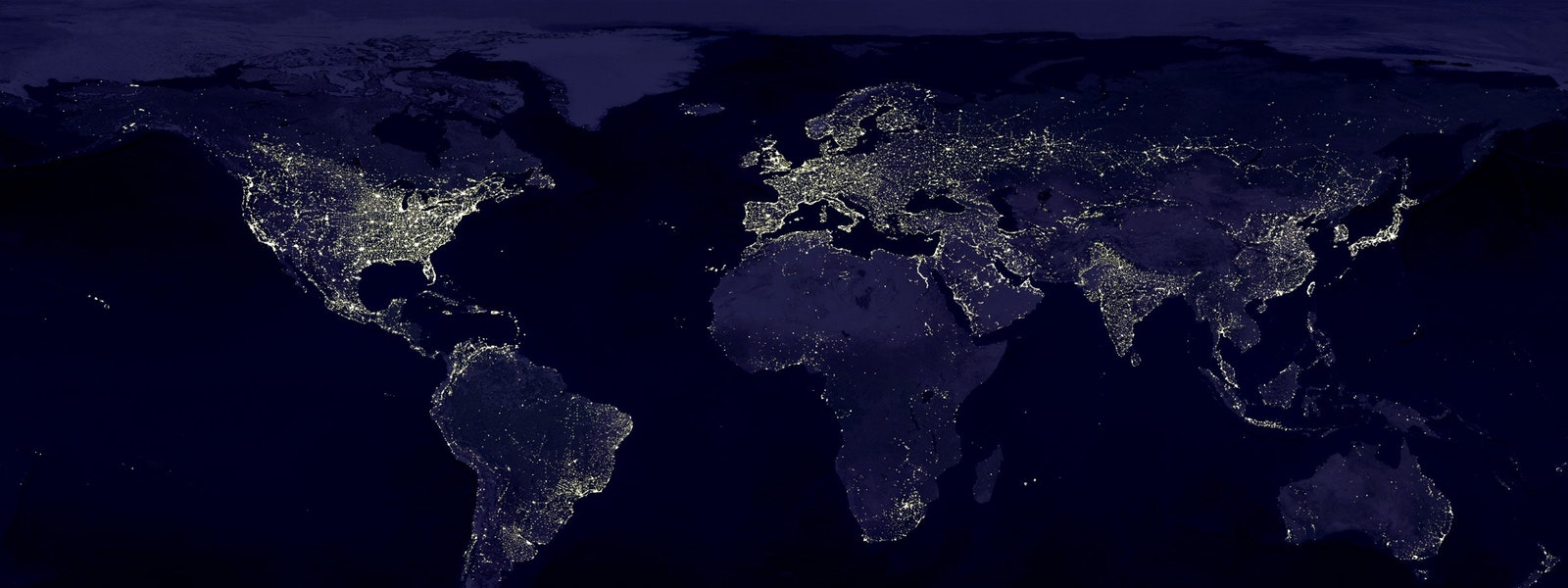 Satellite photo of globe at night with lights from cities