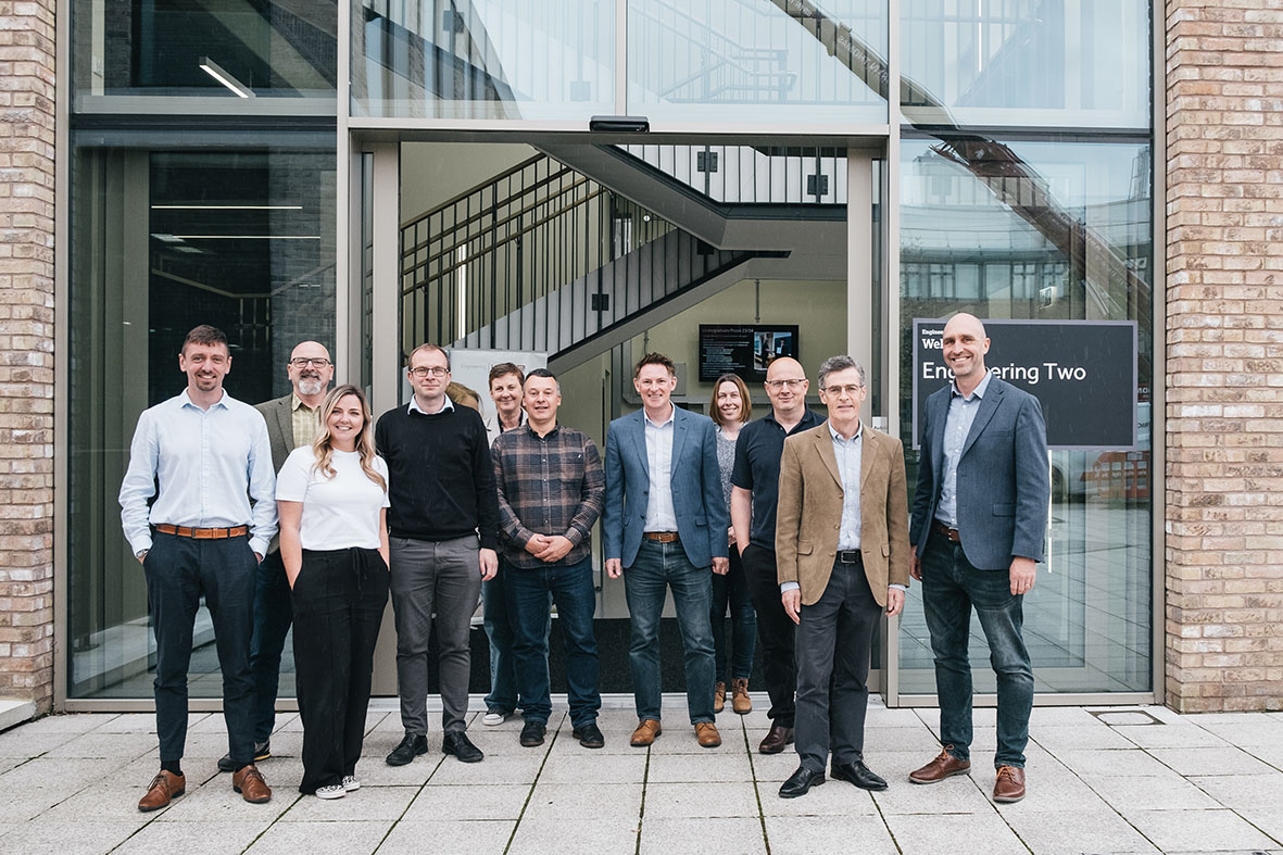 Group of Tech Catalyst delegates stood outside Lancaster University engineering building