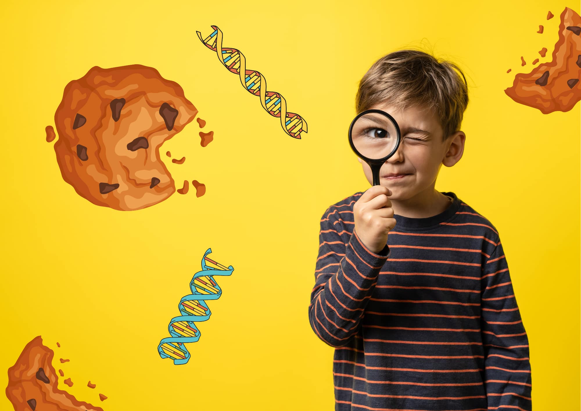 a boy looks through a magnifying glass surrounded by cookies and DNA