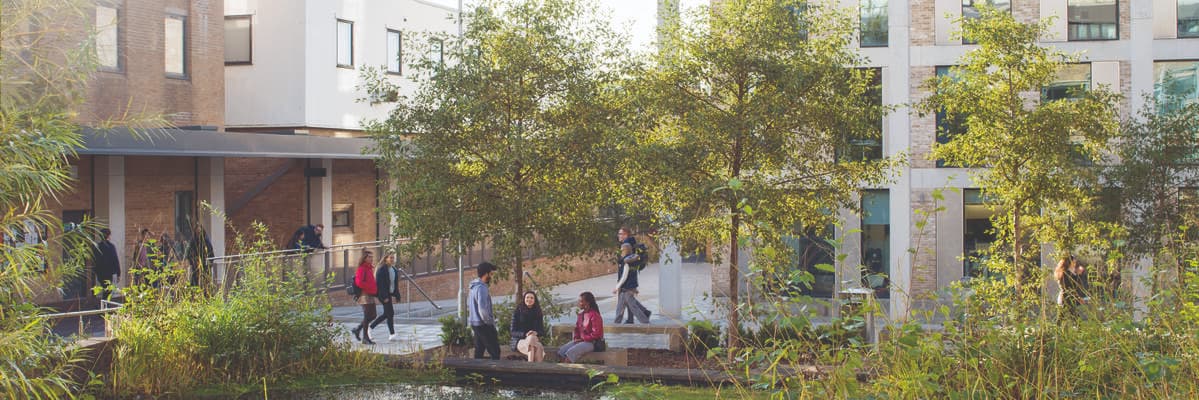 Groups of students by the Engineering building. A pond is in the foreground with trees behind.