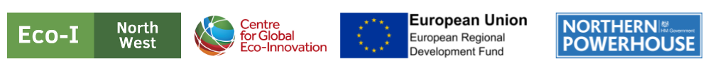 Eco-I NW Innovation Catalyst funding logos which include: Eco-I North West, Centre for Global Eco-Innvation, European Regional Development Fund, Northern Powerhouse.