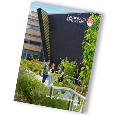 The cover of Lancaster's 2024 undergraduate prospectus, showing a campus scene