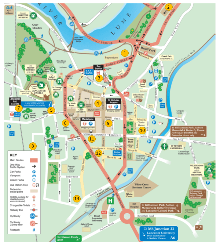 A map of Lancaster city centre with numbers to indicate the location of useful shops for new students to find.