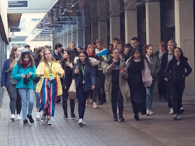 Pendle students walking through Spine