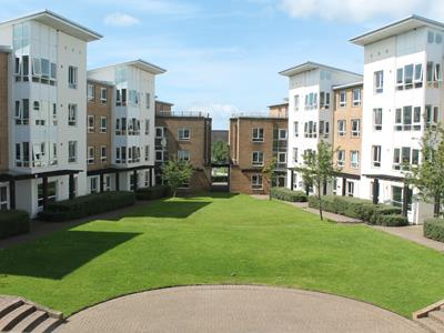 A green square with accommodation in the background.