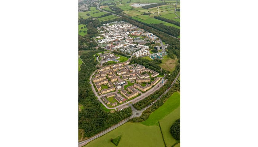 Aerial view of Alexandra Park accommodation in the southwest of campus.