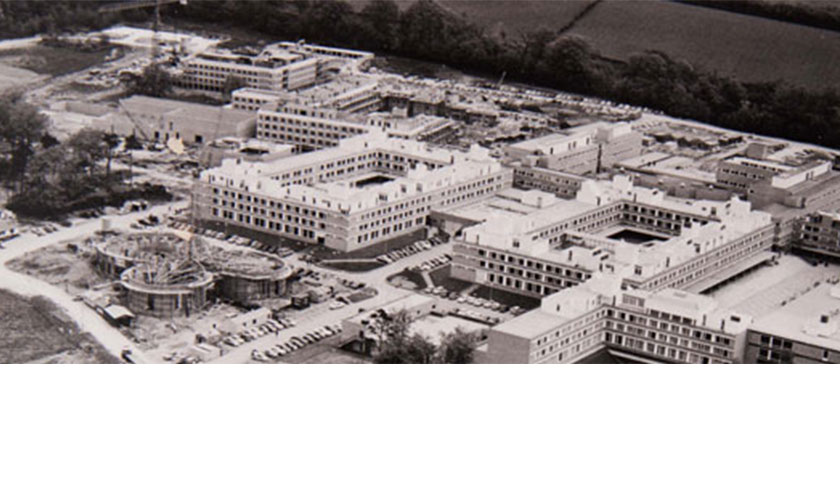Aerial view of campus construction including the Chaplaincy building