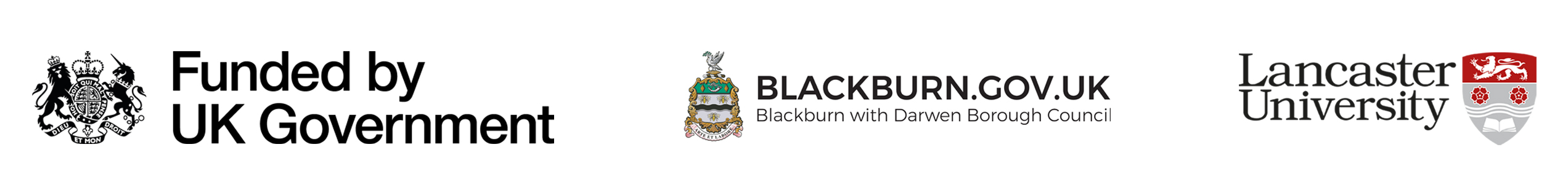 Partner logos include: Funded by UK Government, Blackburn with Darwen Council and Lancaster University.