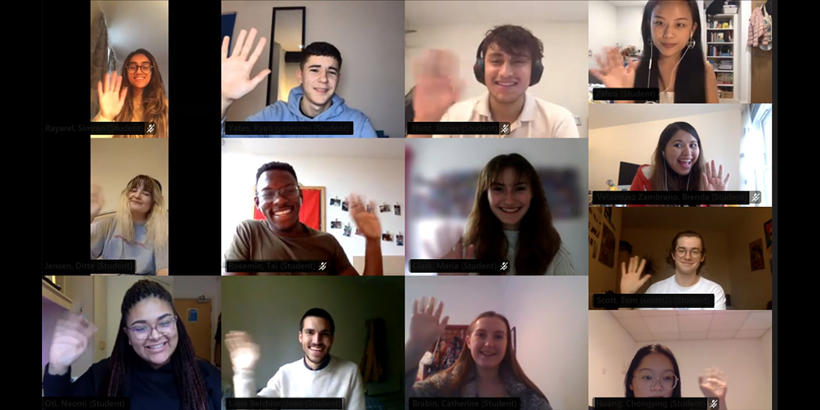 thirteen students on a team meeting waving to the camera