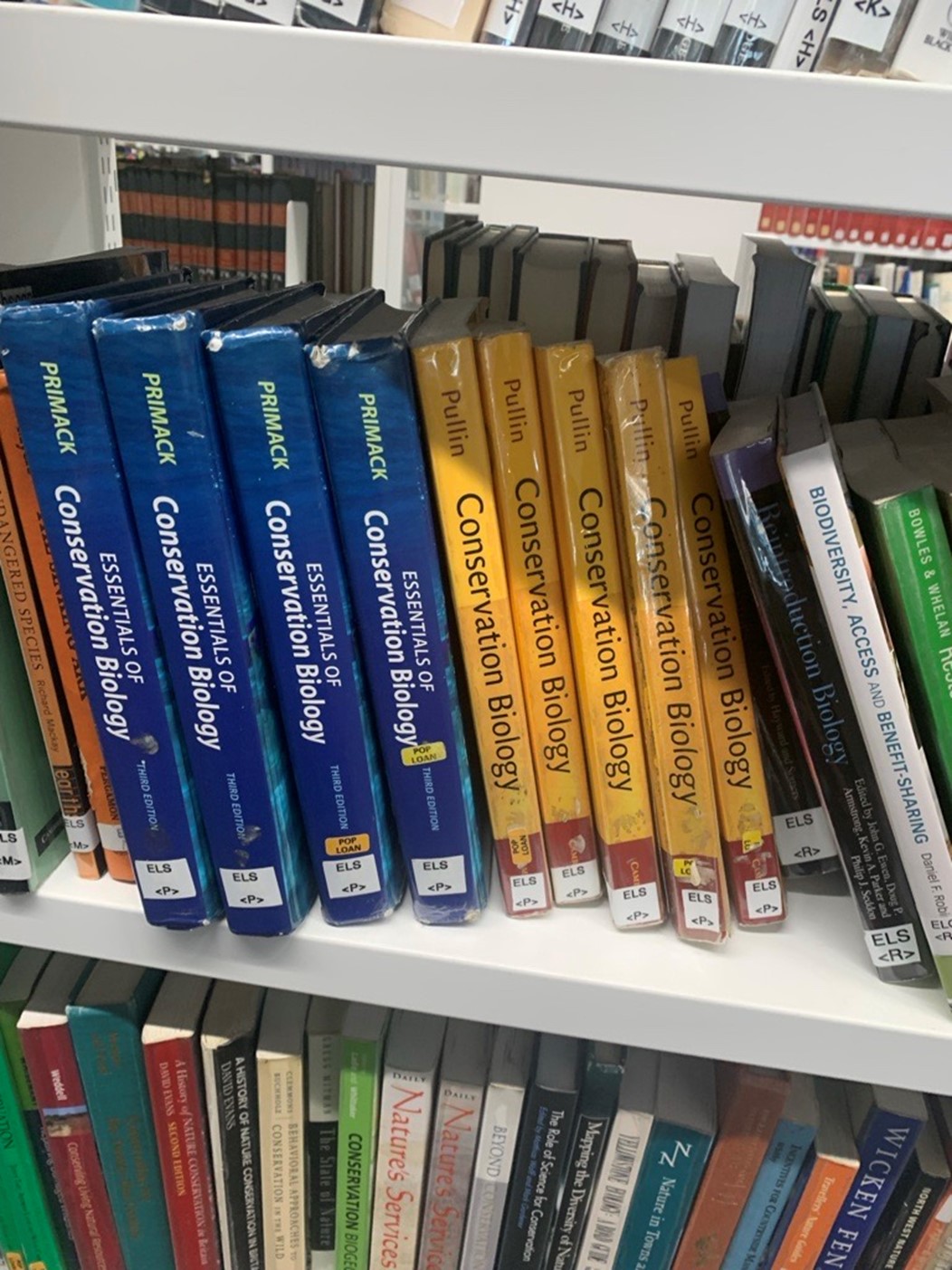 Biology textbooks on a shelf in the library.