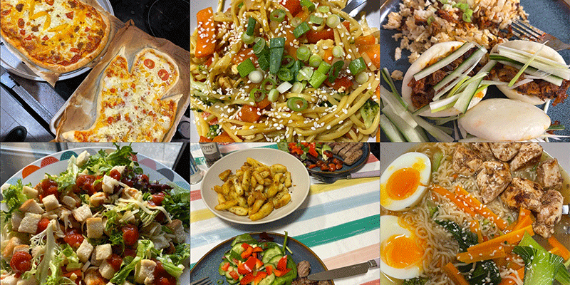 A collage of different meals that are easy to make and healthy. This includes two Halloween themed pizzas, vegetable stir-fry, pulled pork bao buns with Korean-style fried rice, salad, steak with homemade chips and salad shared with a friend.