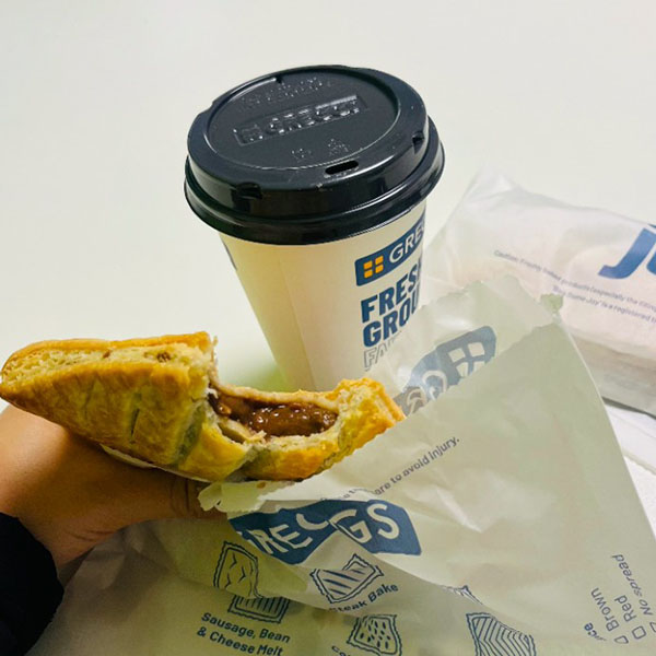 A Greggs breakfast includes a latte, a filling steak bake, and a sausage roll.