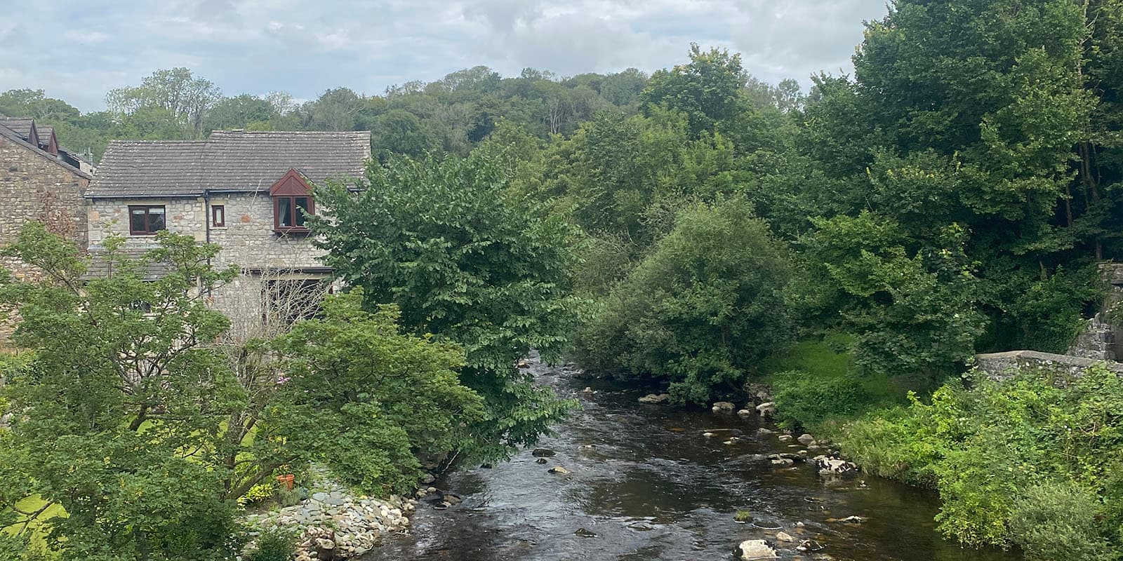 River Greta in Ingleton on a cloudy day. 