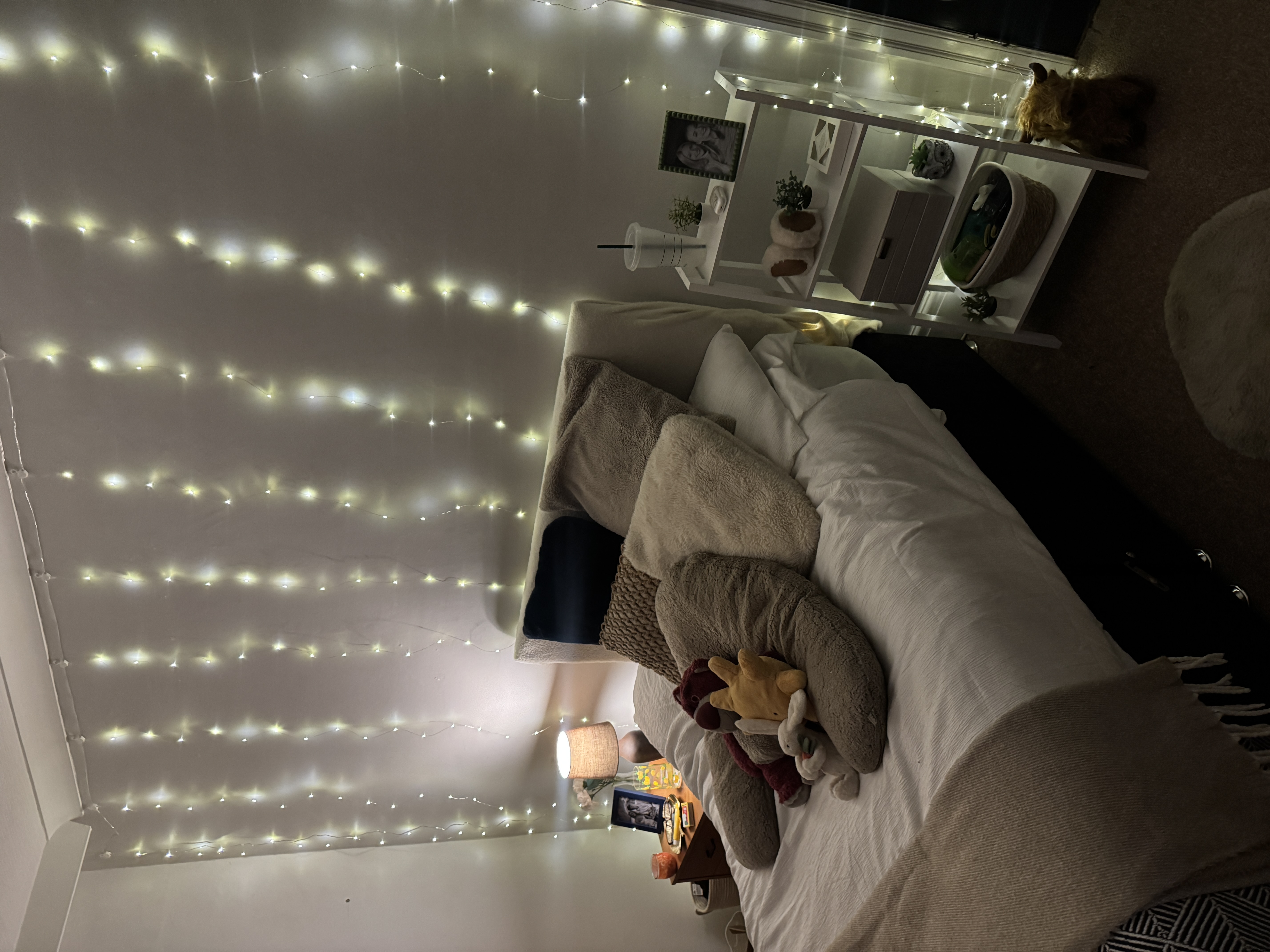 Cozy bedroom featuring a string of fairy lights along the wall, fluffy pillows, a stuffed toy, and a blanket on the bed. The bedside areas are decorated with photos, candles, and indoor plants.