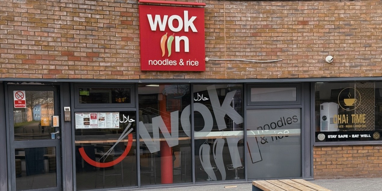 Wok Iin on campus that has Asian street food.