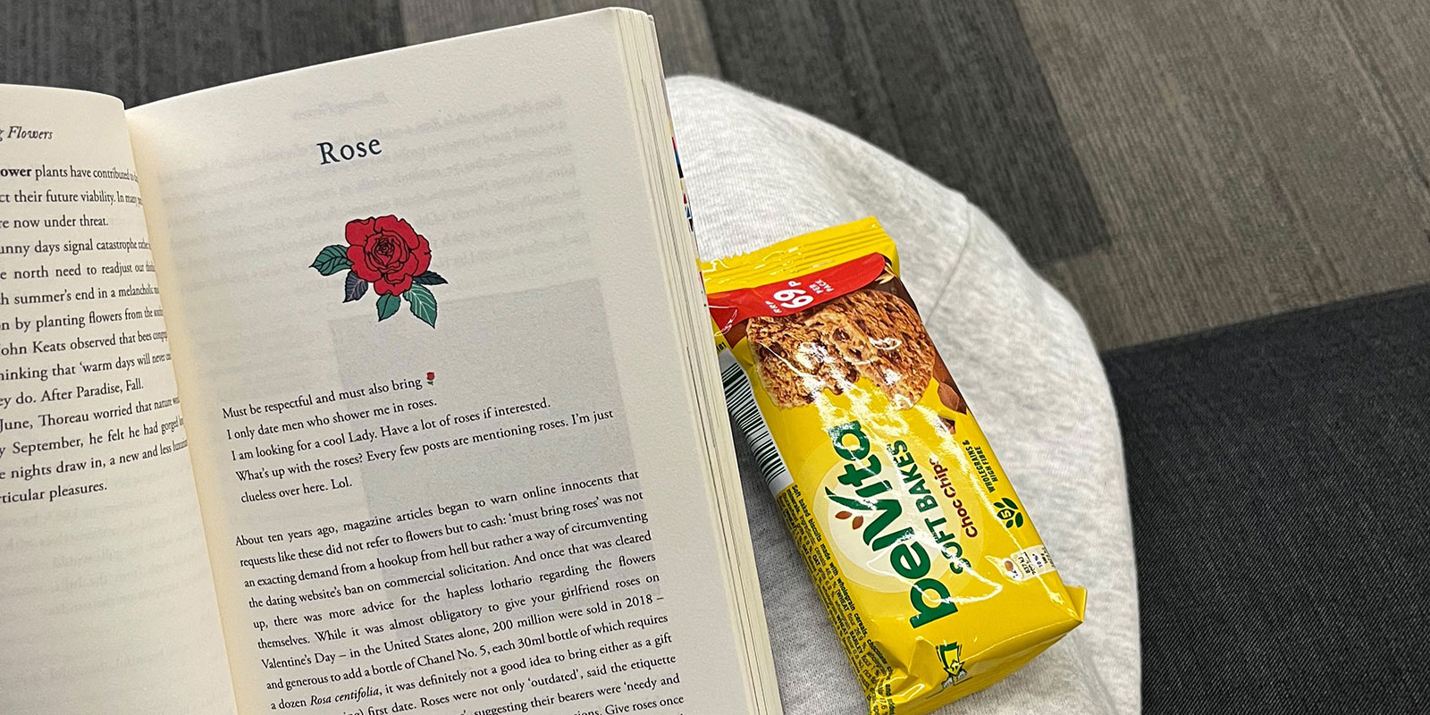 An opened book with a cereal bar.