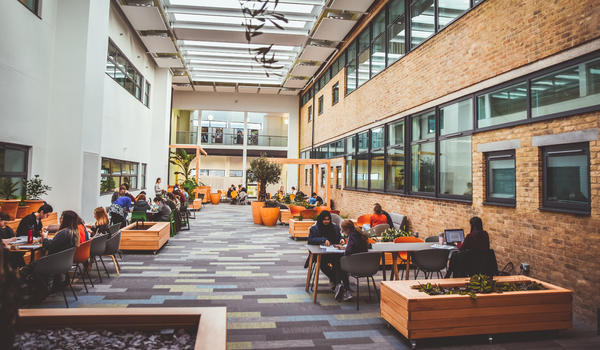 Students working in LEC Atrium
