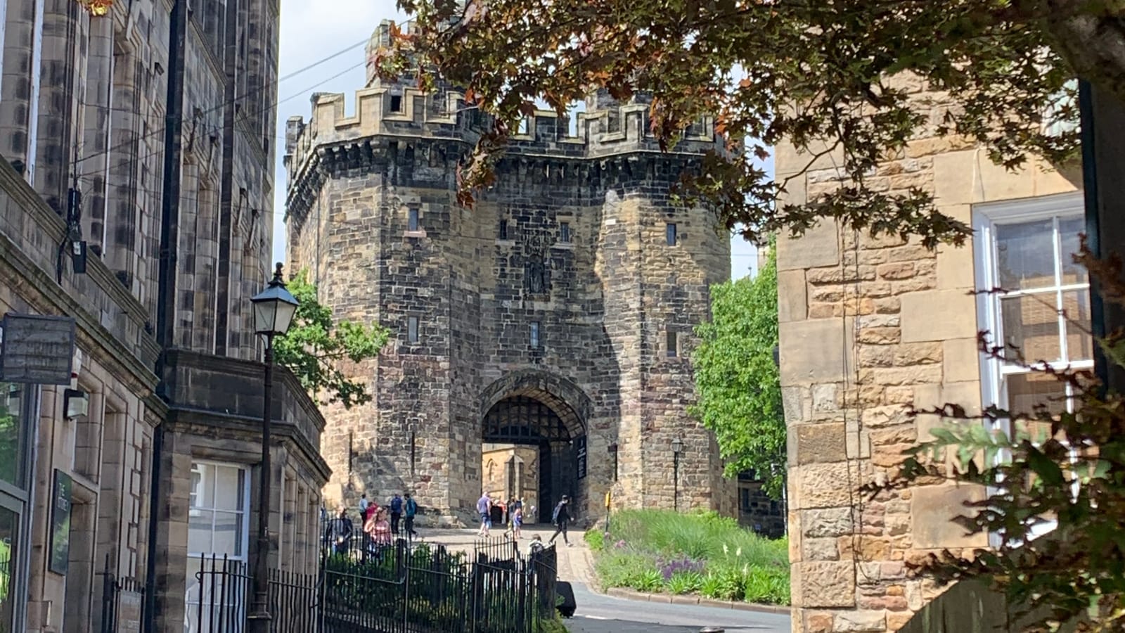 The front gate of Lancaster Castle as viewed from near the Storey