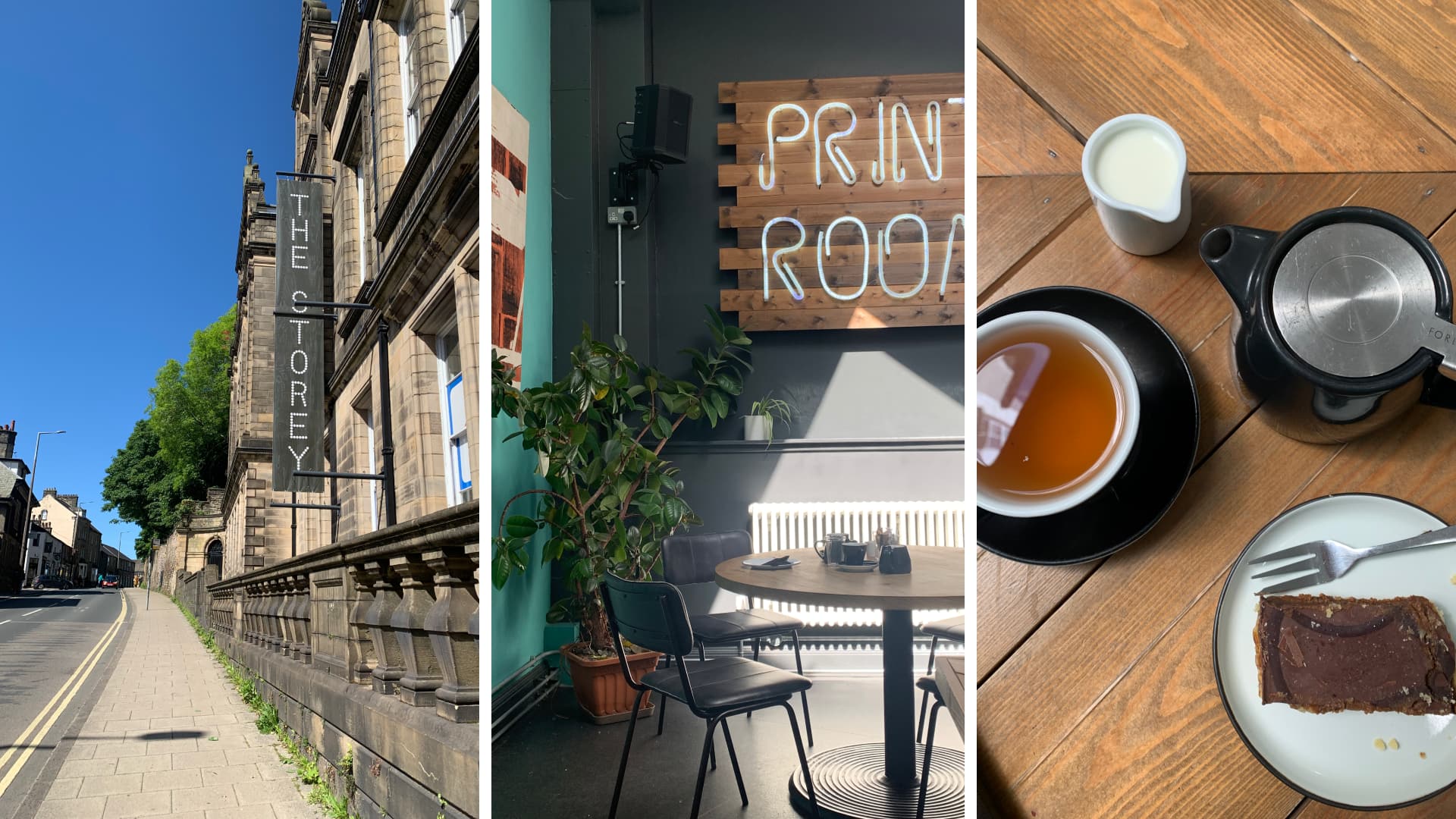 Three photos showing the outside, inside and food on offer at The Storey Print Room.