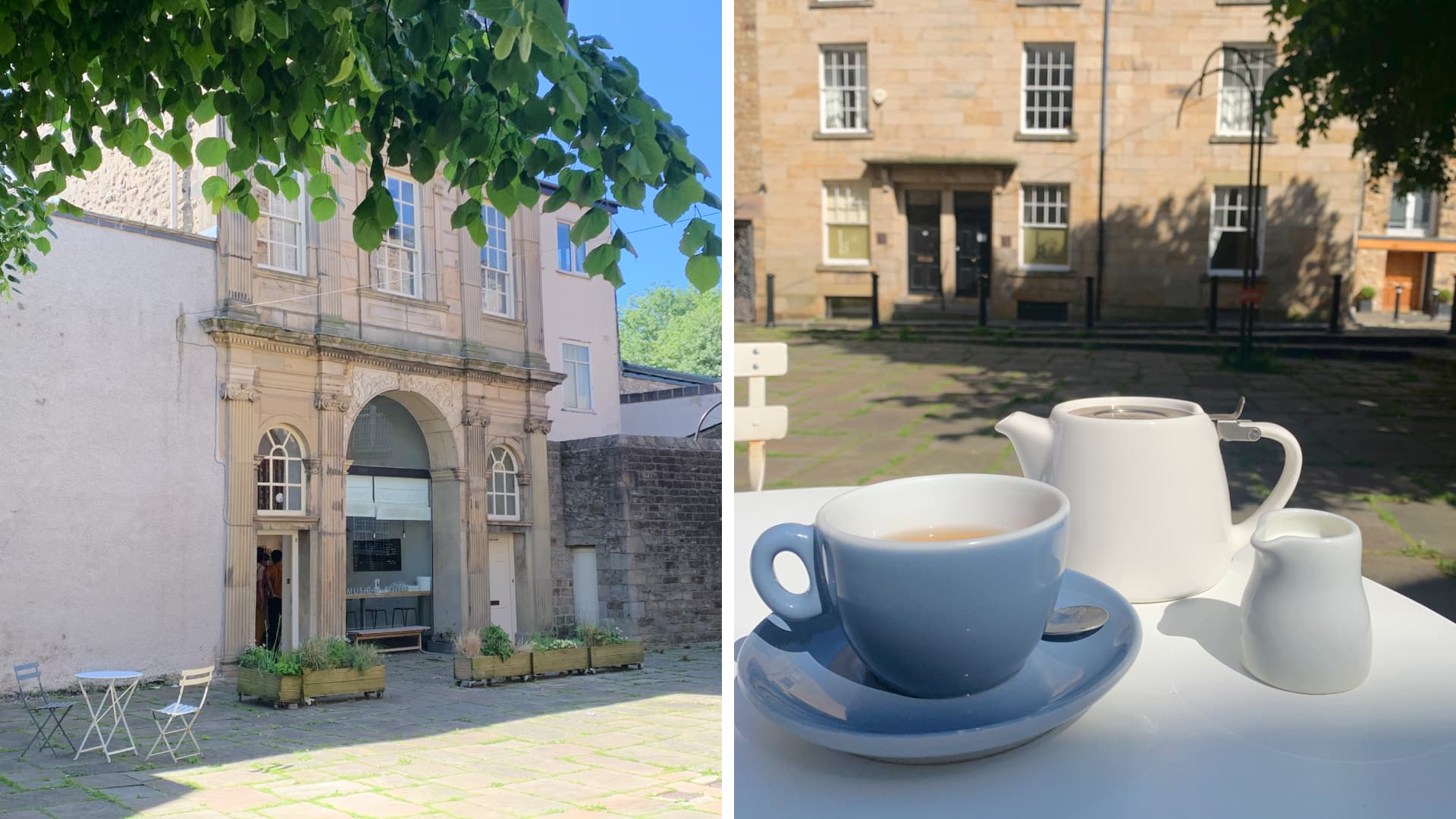 A montage of two photos of the outside of The Music Room cafe, one showing a pot of tea