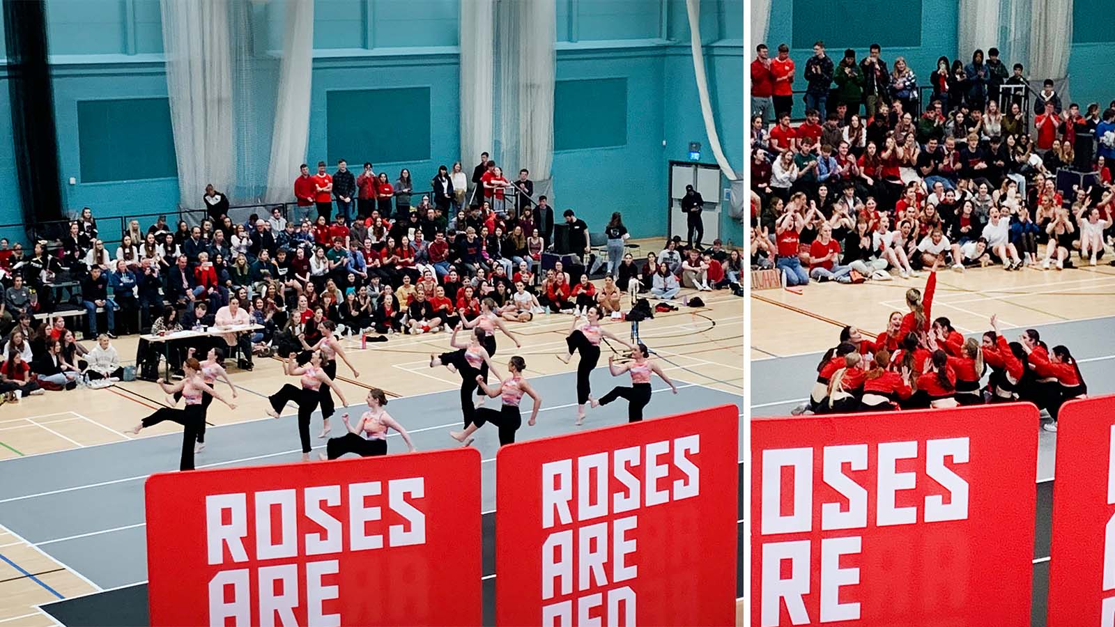 Two photos of the dancing teams in the competition