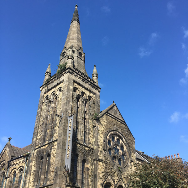 the spire of Lancaster's Friary pub - a former church.