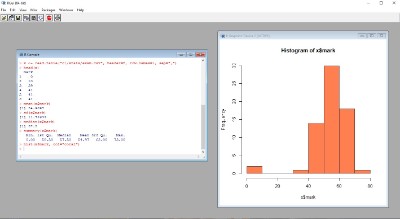 screenshot showing the console for the “R” programming language and an orange histogram