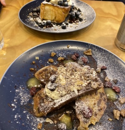 Breakfast of pancakes on a blue plate