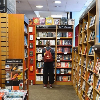 Bookshelves in a bookshop